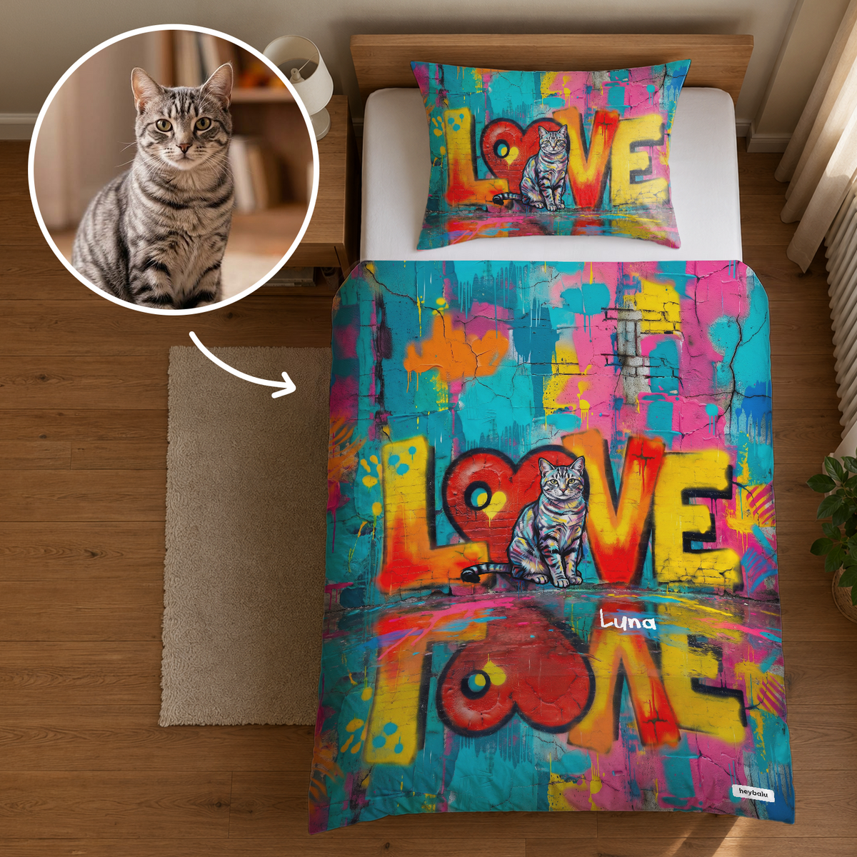Personalisierte Bettwäsche „Love Katze“ im Graffiti-Stil als Geschenk für Katzenbesitzer: Katzenporträt nach Foto mit Namen, hey balu