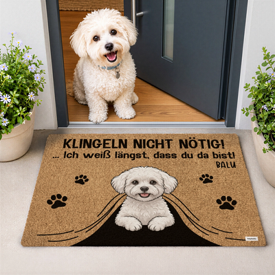 Personalisierte Fußmatte „Klingeln nicht nötig“ als Geschenk für Hundebesitzer: Havaneser schaut hinter Vorhang hervor mit Spruch – hey balu