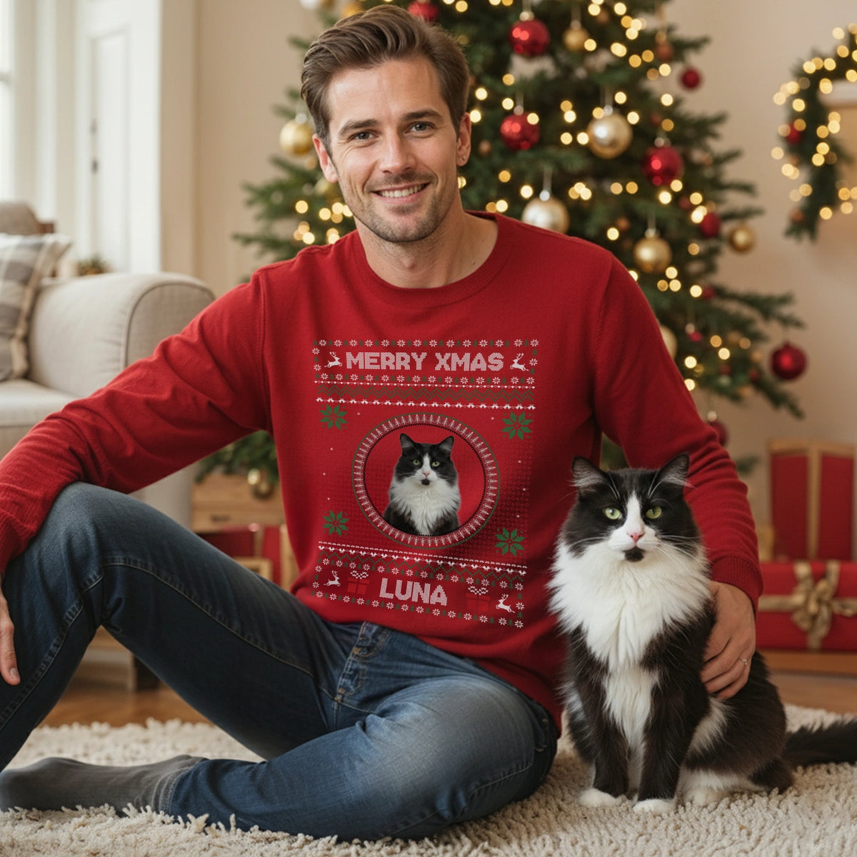 Sweat De Noël Sapin Et Chat – Pull Col Rond, Manches Longues, Unisexe, Fabriqué UK