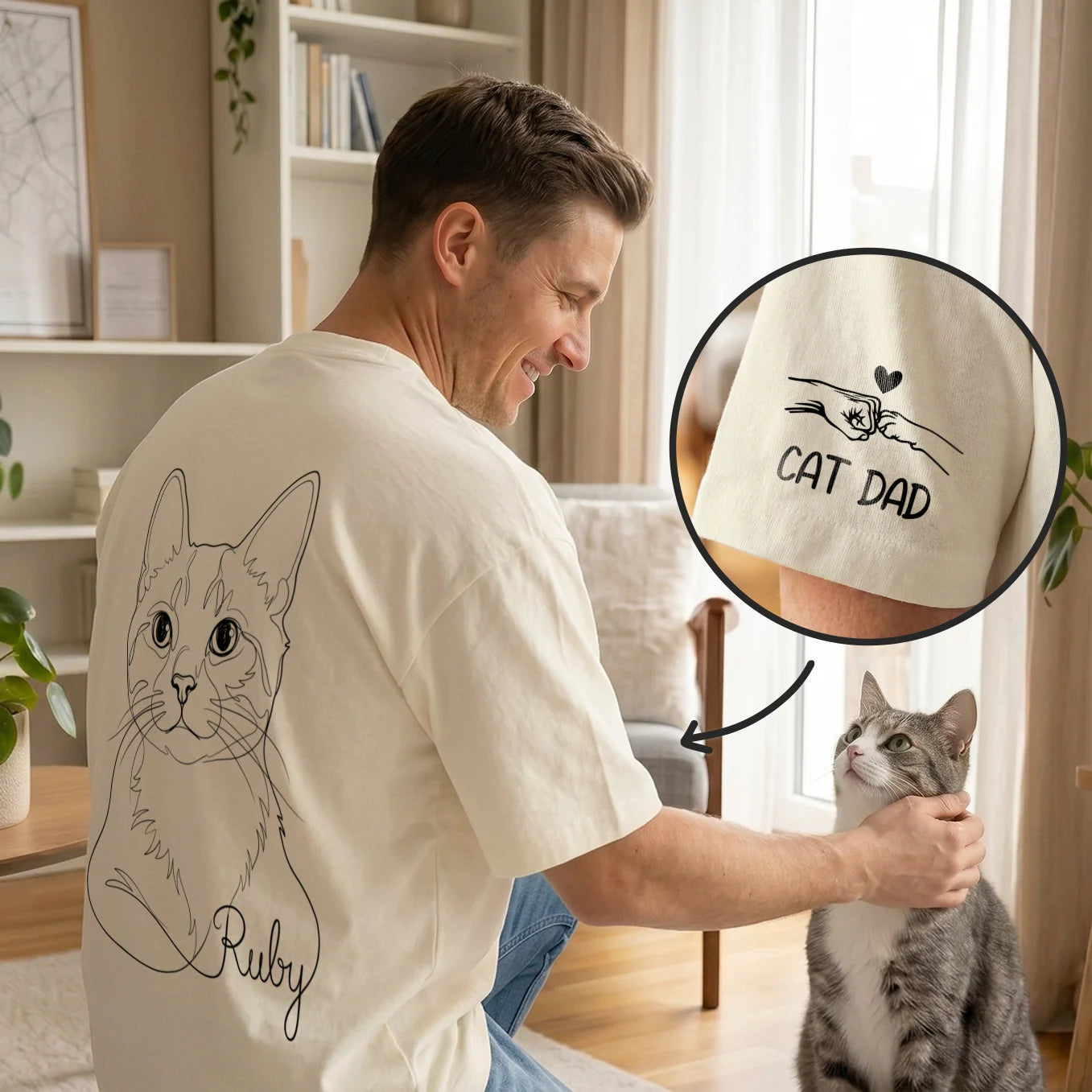 T-shirt oversize personnalisé "Cat Dad" avec impression sur manche