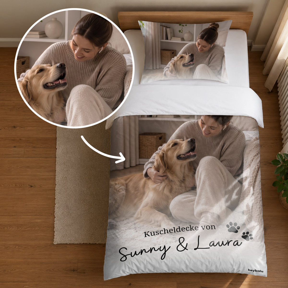 Personalisierte Bettwäsche Baumwollsatin „Foto & Text“ als Geschenk für Hundebesitzer: Foto von Frau mit Hund und Wunschtext „Kuscheldecke von …“ – hey balu