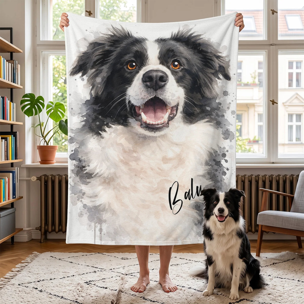 Personalisierte Decke „Wasserfarben Hund“ als Geschenk für Hundebesitzer: Border-Collie-Porträt im Aquarellstil mit Namen – hey balu
