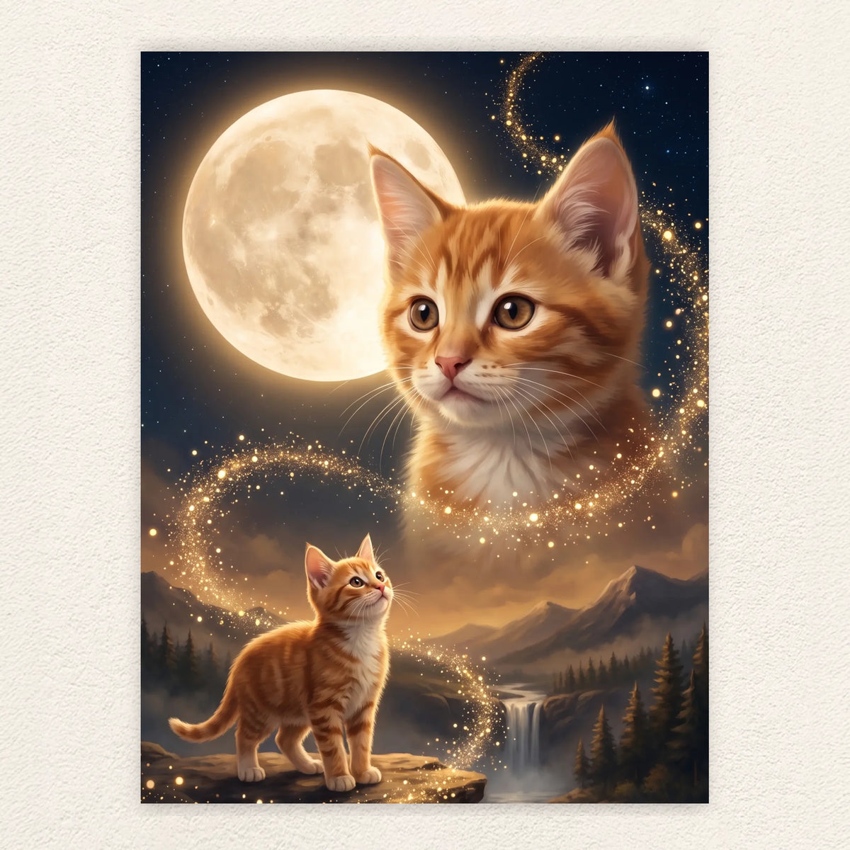 Moonlit Howling Cat poster with golden sparkles and mountain landscape