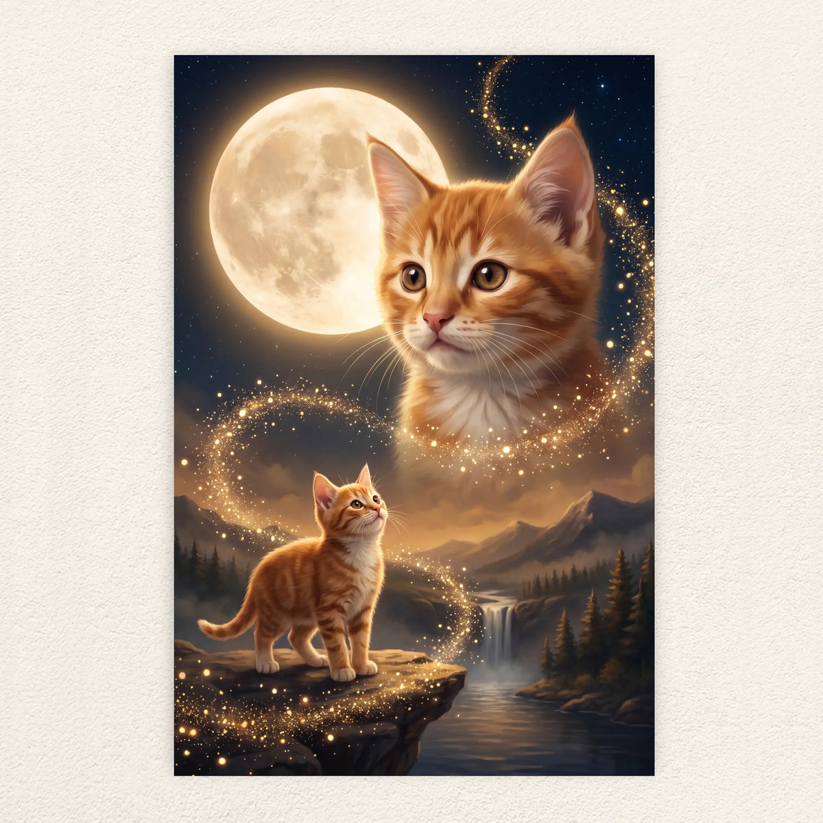 Howling Cat poster with orange kitten on a cliff above a waterfall at night