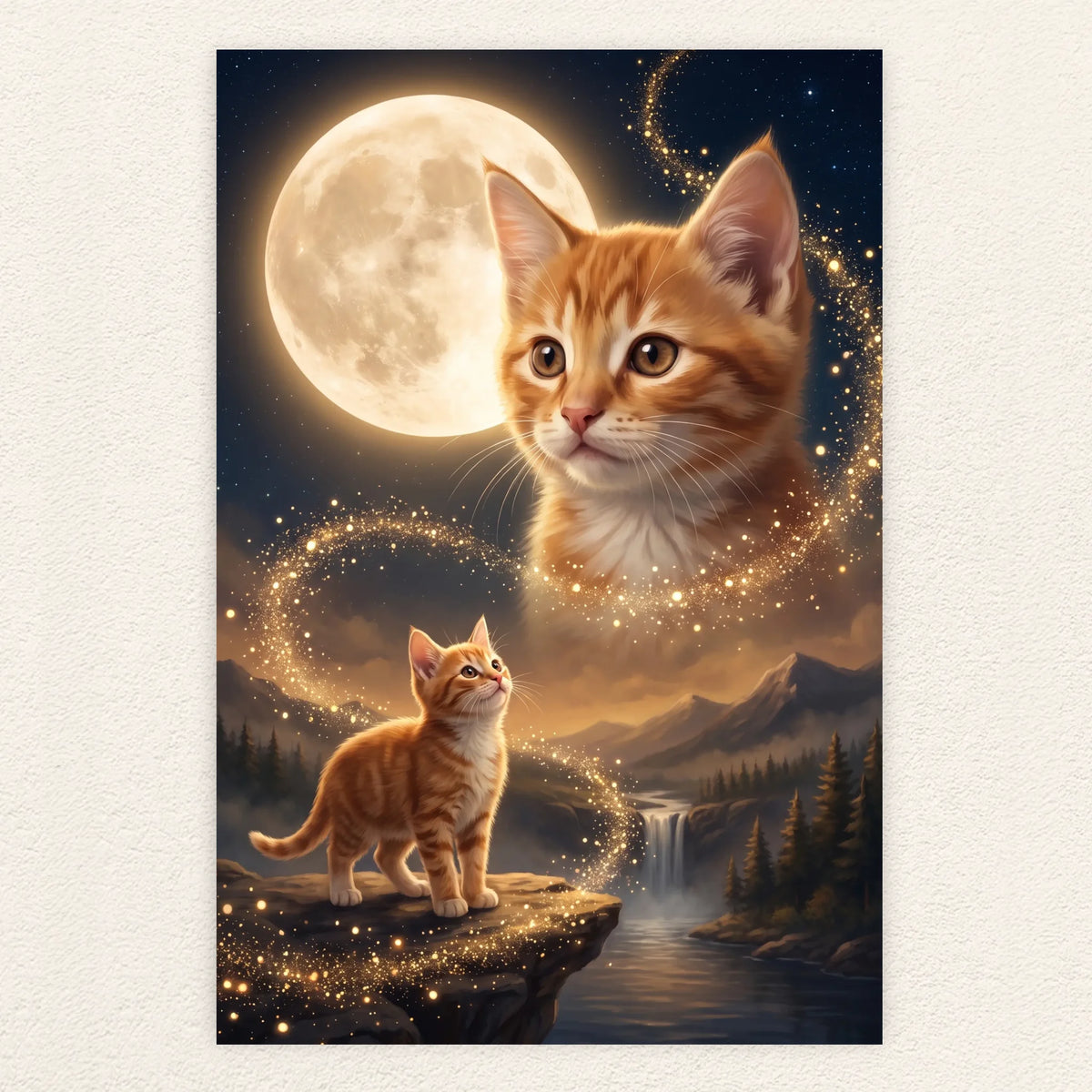 Howling Cat poster hanging on a cream wall, kitten looking up at the moon