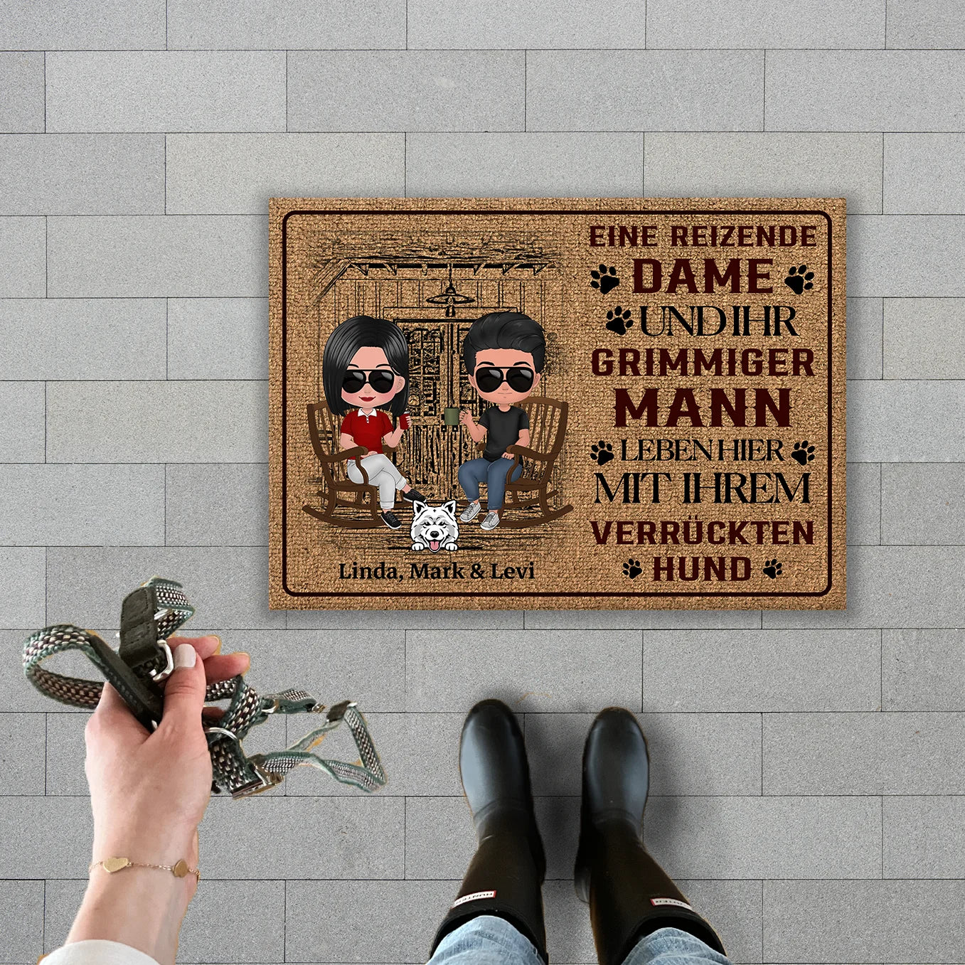 Doormat “Dame, Mann und Hund”