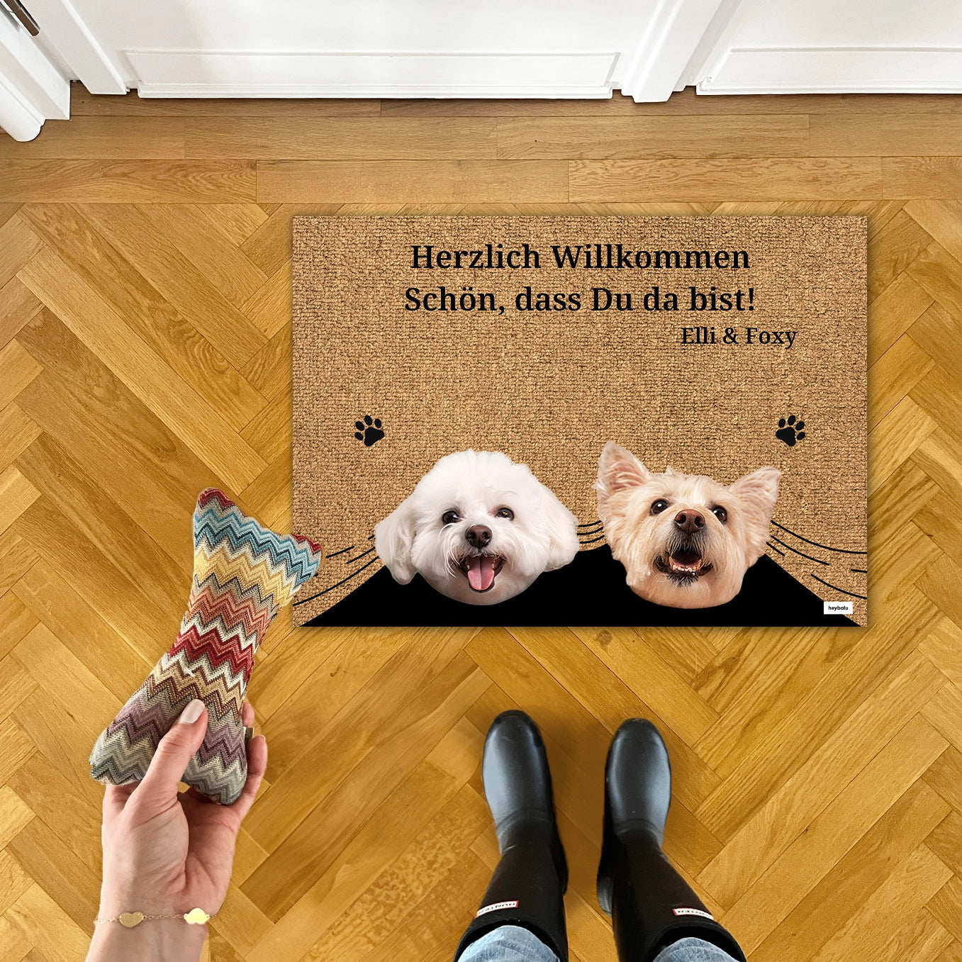 Personalisierte Fußmatte "Spähende Haustiere" mit Foto Hey Balu