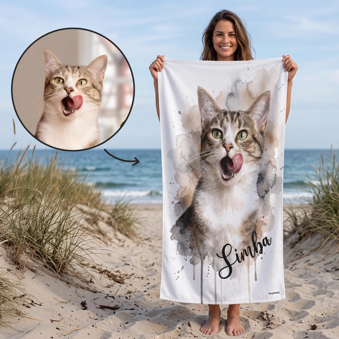 Serviette de Plage personnalisée "Chat aquarelle"
