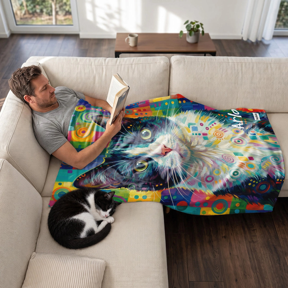 Homme lit sur le canapé sous le plaid chat graffiti, son chat dort à côté | market_france