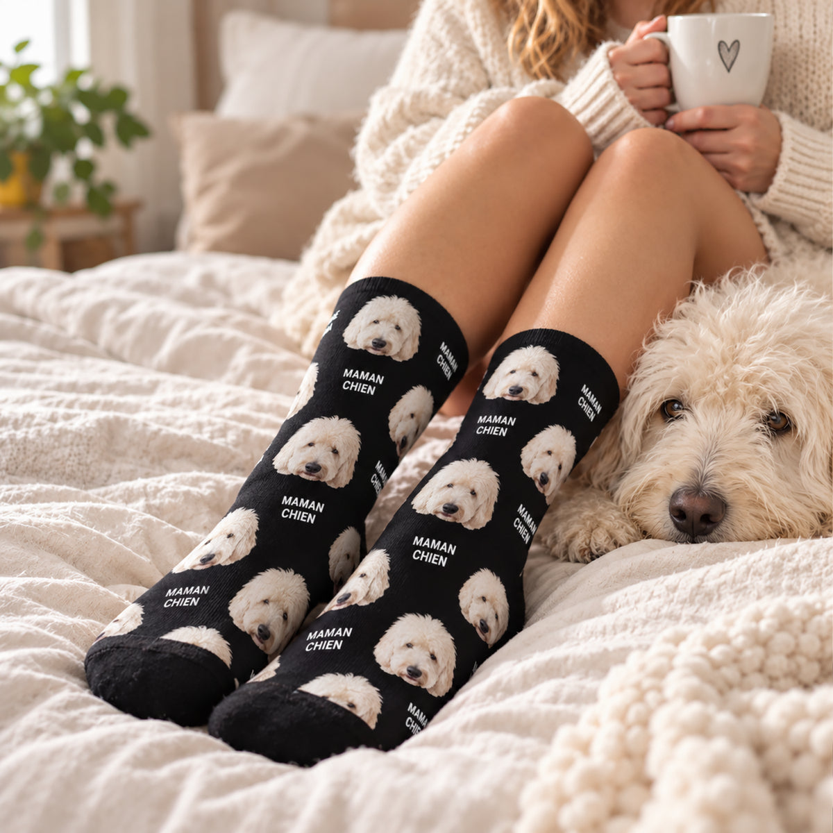 Femme au lit avec son chien portant des chaussettes noires avec visages de chien et inscription market_france