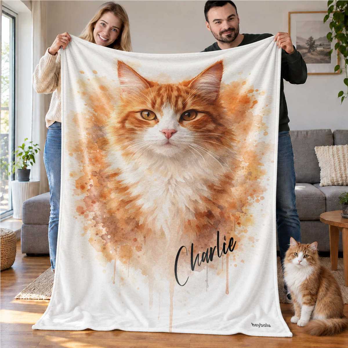 Couple tient le plaid aquarelle avec portrait de chat roux, chat à côté market_france