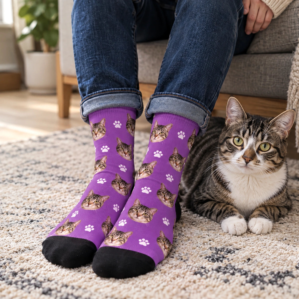 Chaussettes violettes avec visages de chat et pattes à côté d'un chat tigré market_france