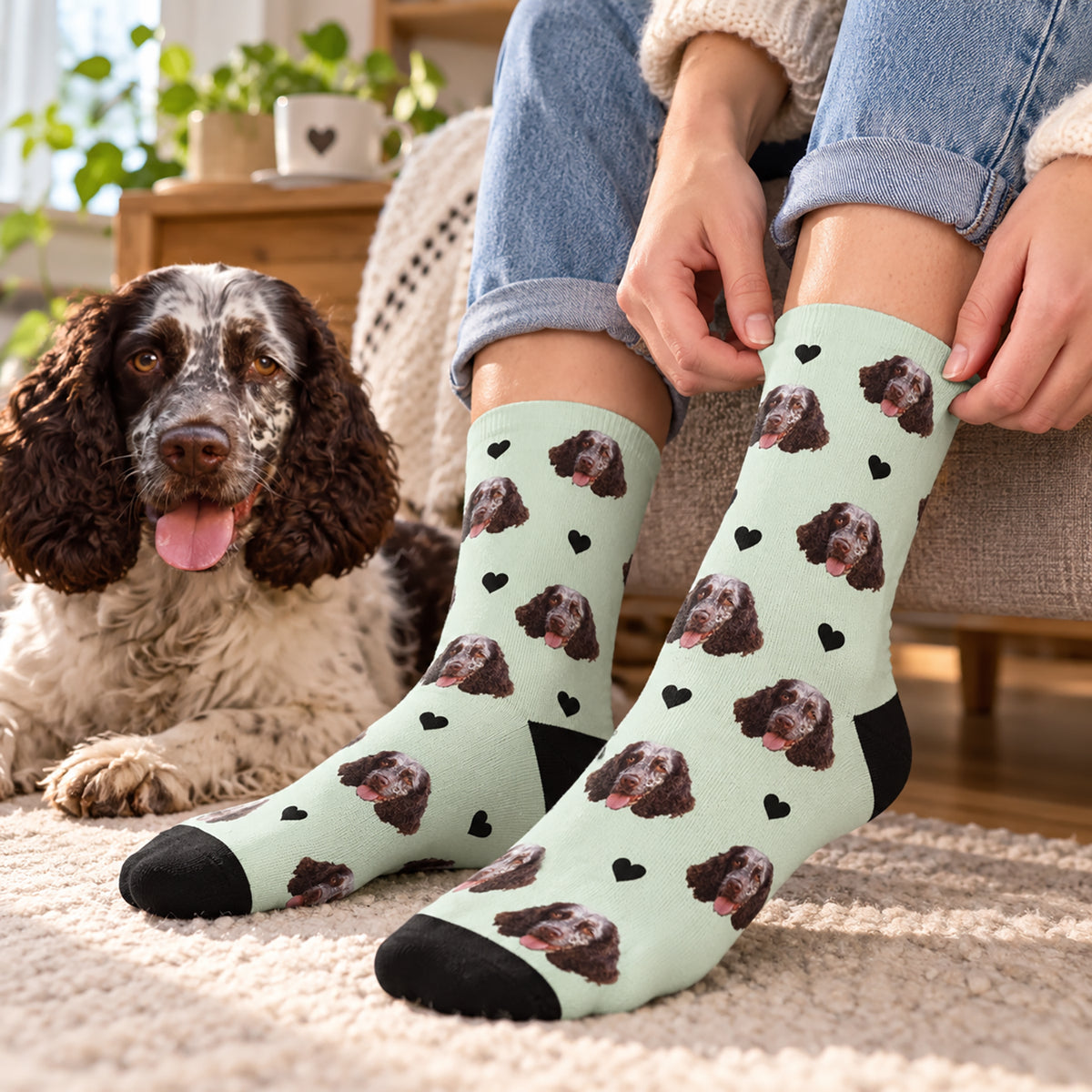 Photo du chien à poils longs transformée en chaussettes noires imprimées market_france