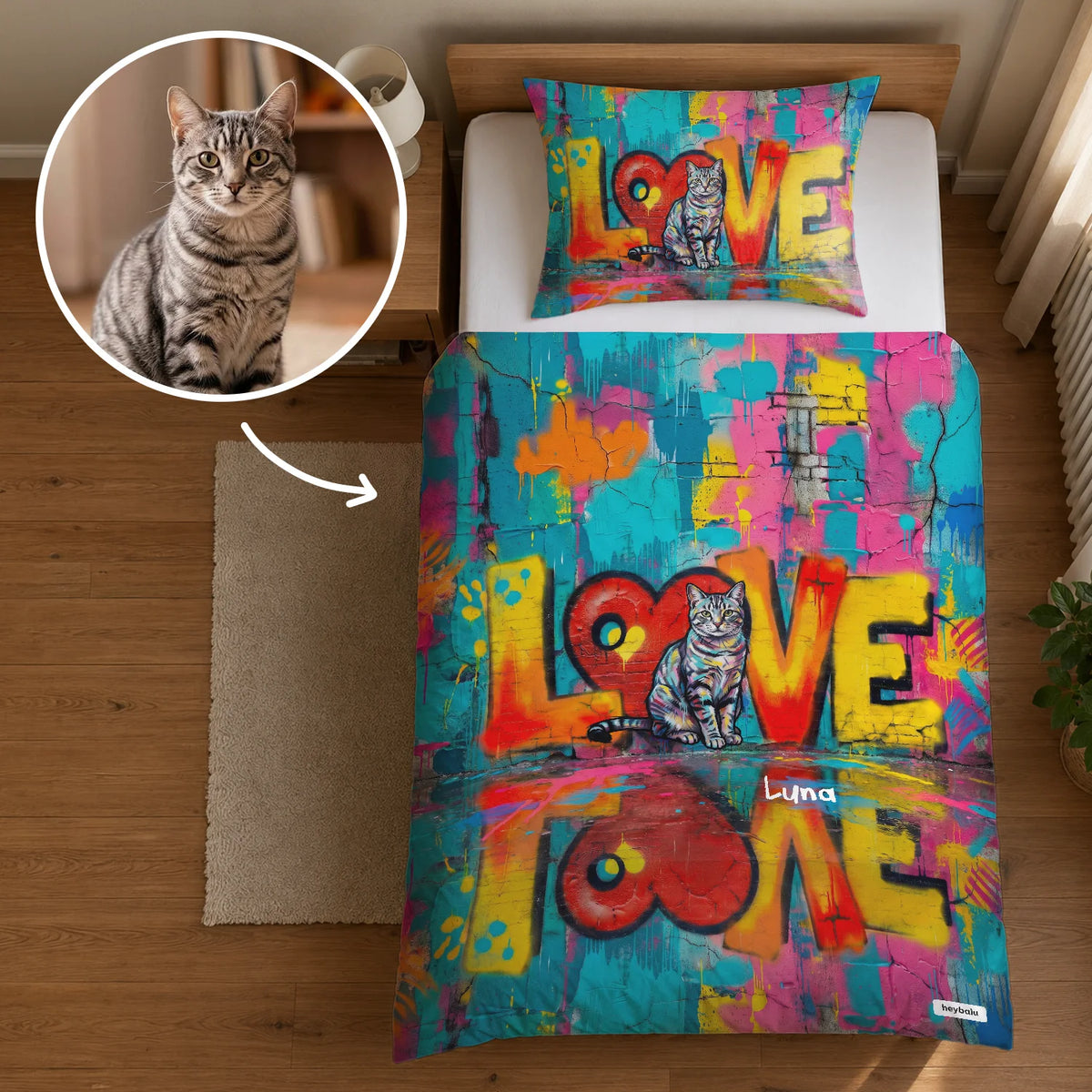 Parure de lit personnalisée « Chat Love » style graffiti, cadeau pour les amoureux des chats : portrait de chat d'après photo avec prénom, hey balu market_france
