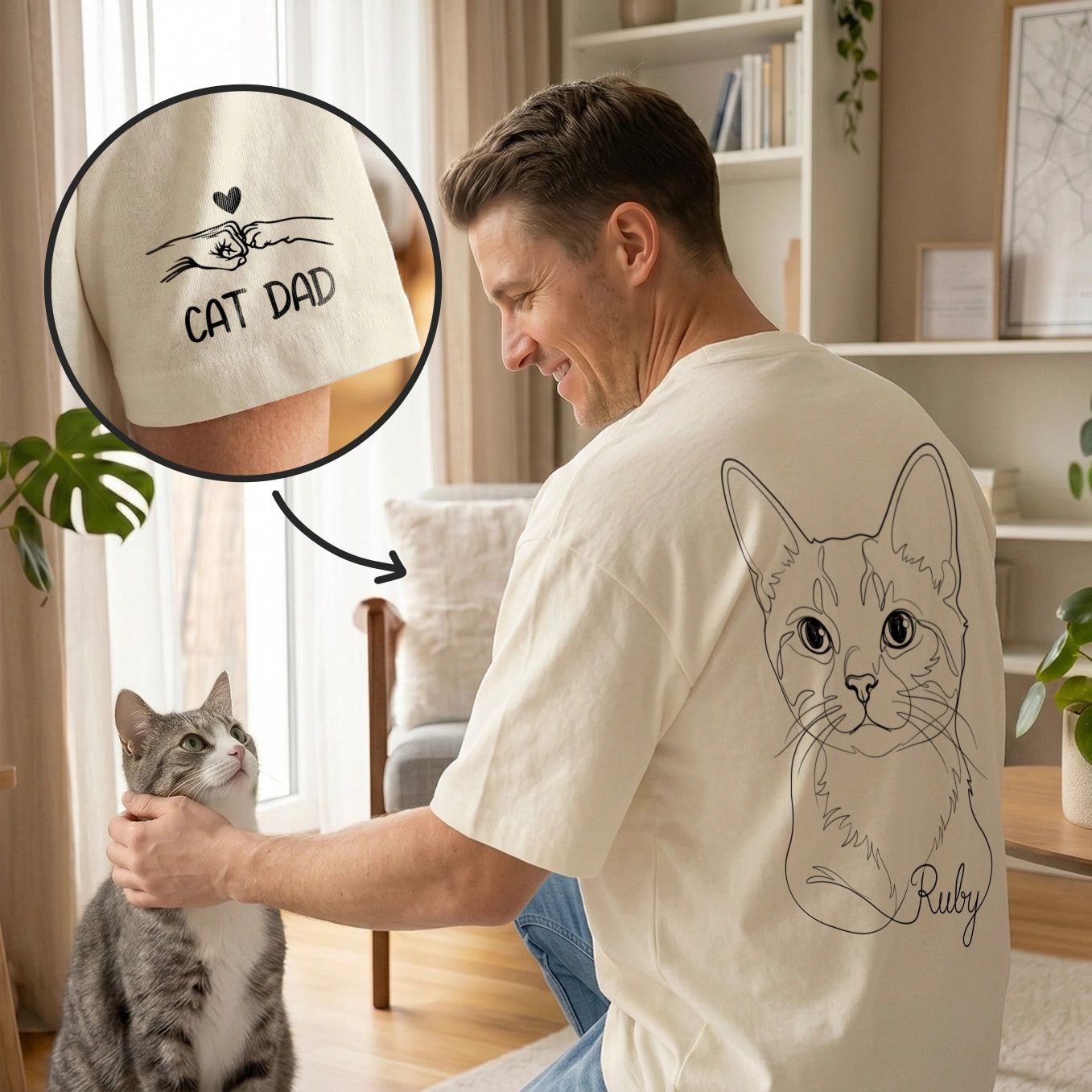 T-shirt oversize personnalisé "Cat Dad" avec impression sur manche