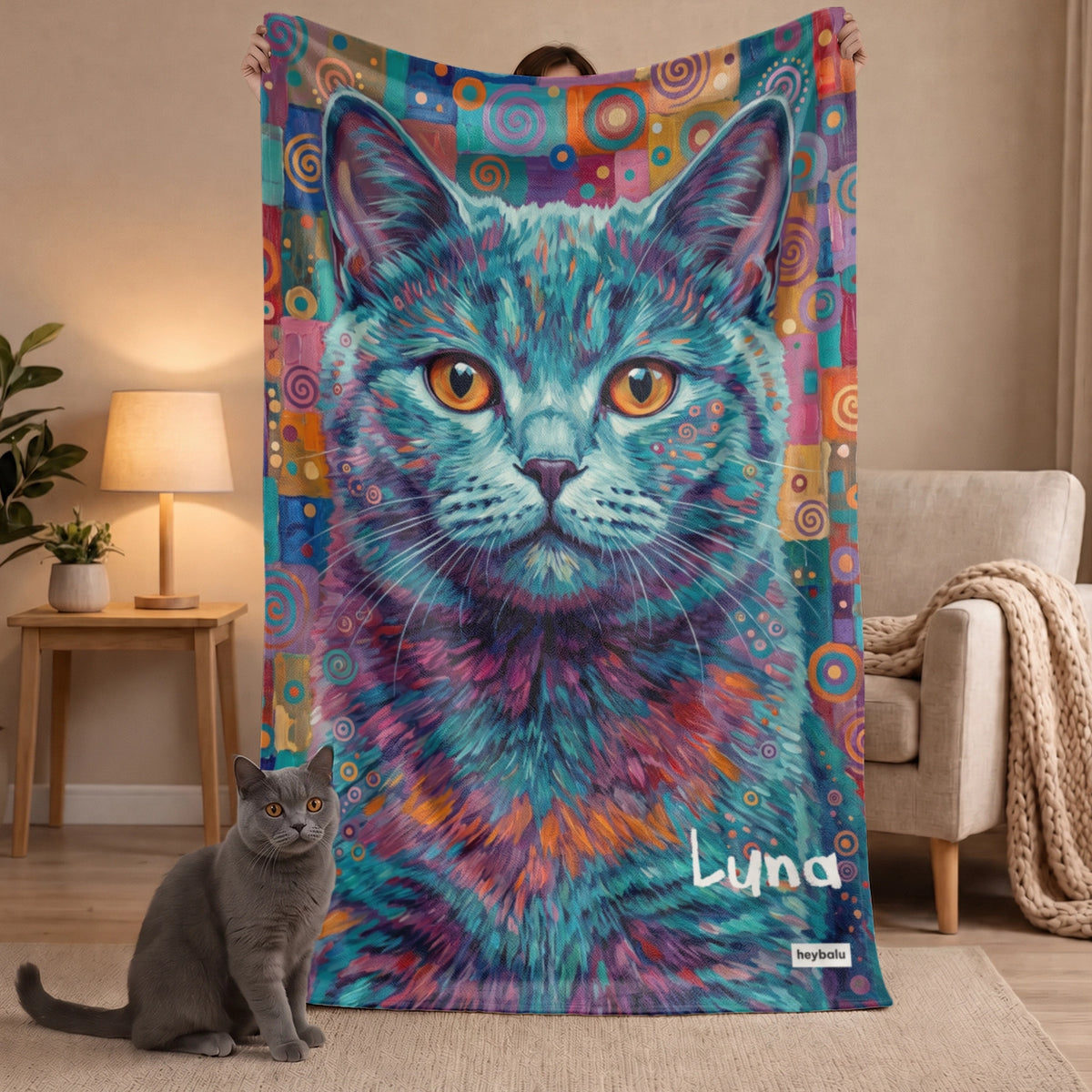 Plaid personnalisé « Chat graffiti » comme cadeau pour les amoureux des chats : portrait de chat coloré style graffiti avec prénom, hey balu | market_france