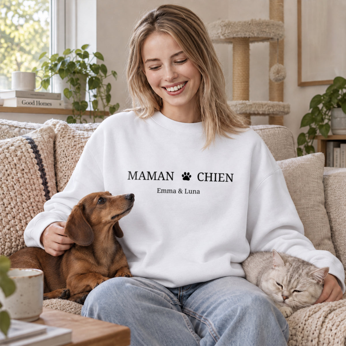 Femme avec un teckel et un chat en pull blanc Maman Chien avec patte et prénoms market_france