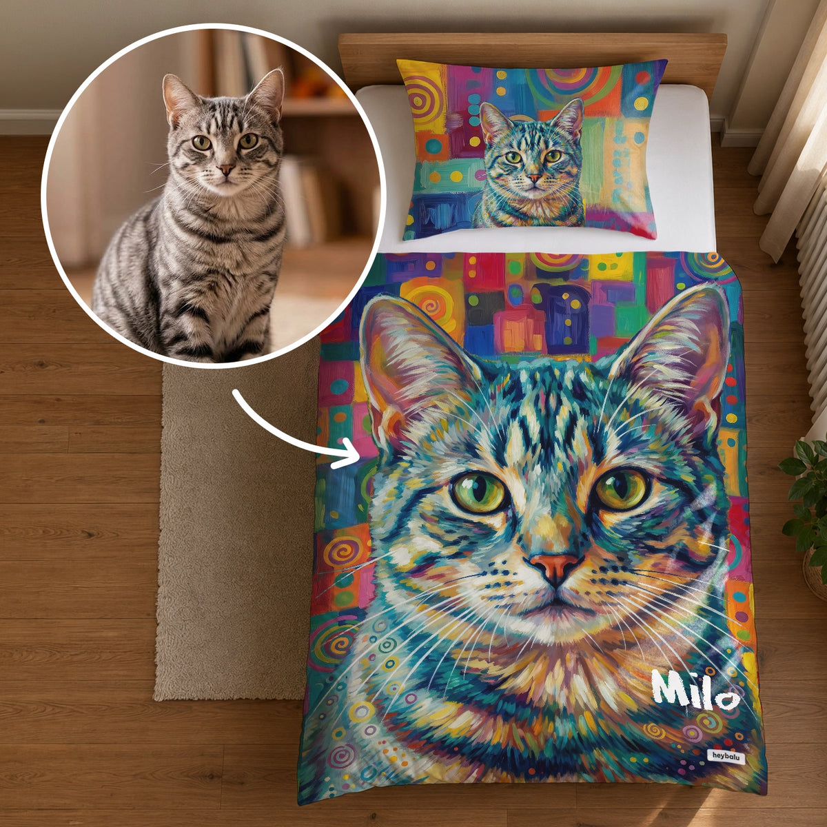 Parure de lit personnalisée « Graffiti Chat » comme cadeau pour les amoureux des chats : portrait de chat coloré façon graffiti d’après photo avec prénom – hey balu market_france