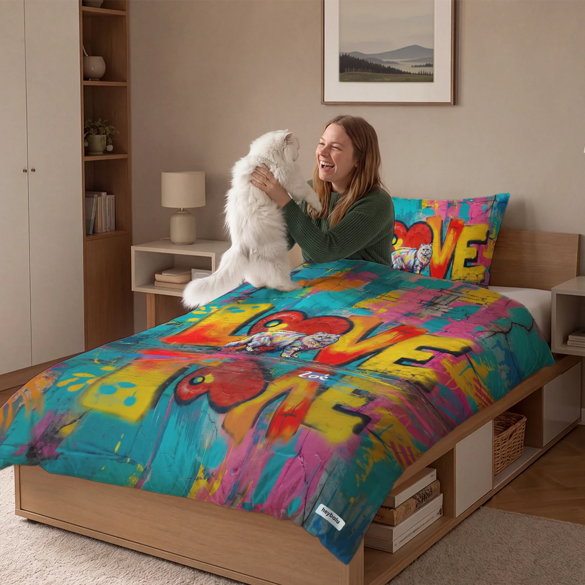 Femme soulève son chat blanc devant la parure de lit chat love market_france