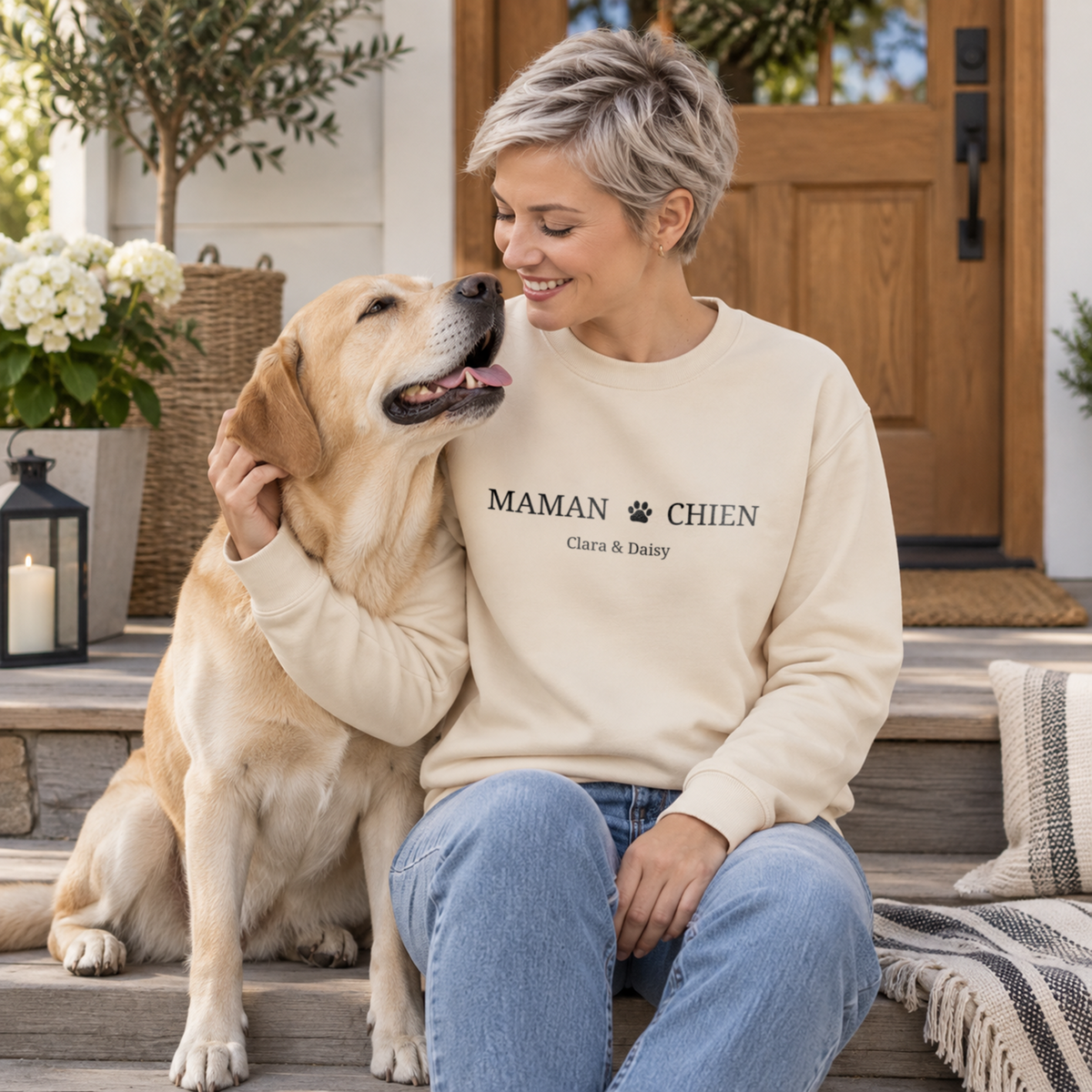 Femme avec un golden retriever en pull beige Maman Chien avec prénoms market_france