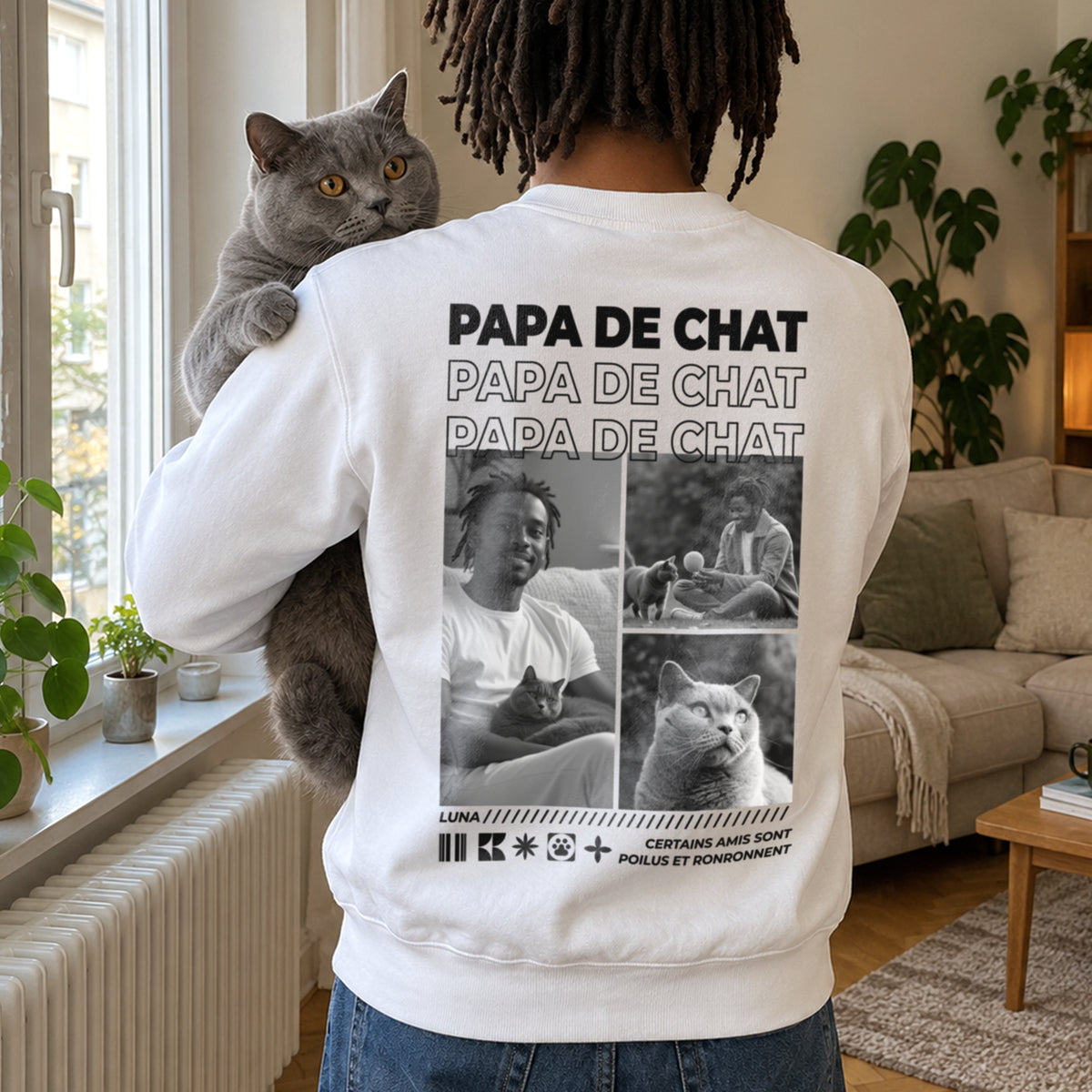 Homme avec un chat gris sur l'épaule en pull blanc Papa de chat avec collage photo market_france