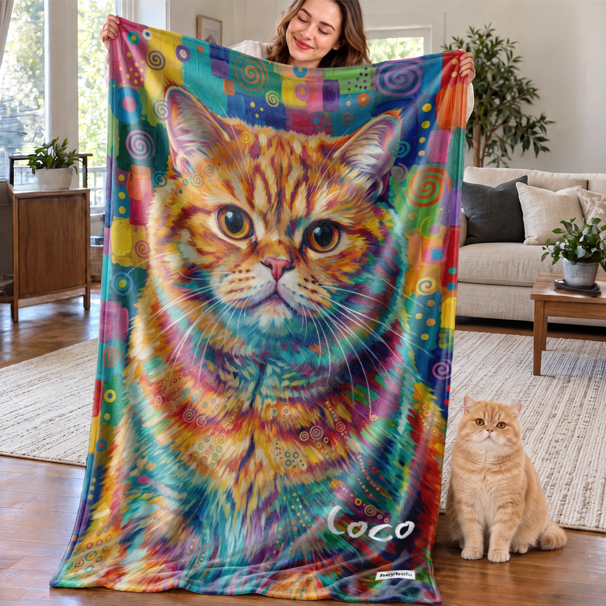 Femme tient le plaid chat graffiti avec chat roux et prénom, son chat assis à côté | market_france