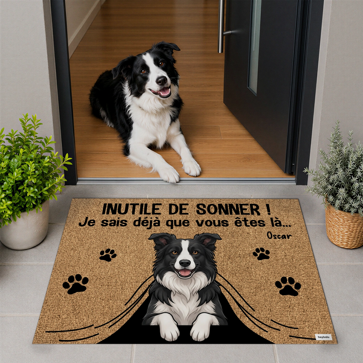 Border Collie allongé derrière le paillasson Inutile de sonner avec prénom market_france