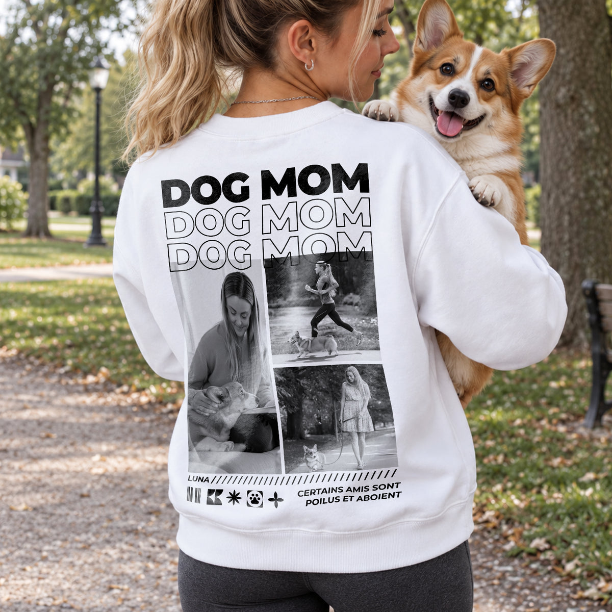 Femme avec un corgi dans les bras en pull blanc Dog Mom avec collage photo vue de dos market_france