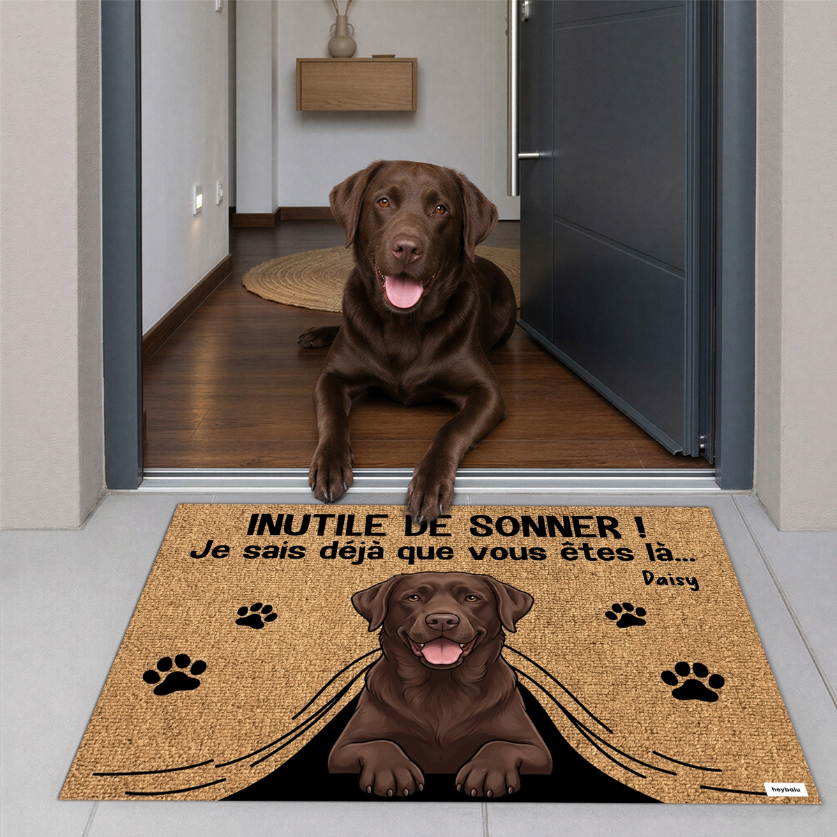 Labrador chocolat couché dans l’entrée derrière le paillasson Inutile de sonner market_france