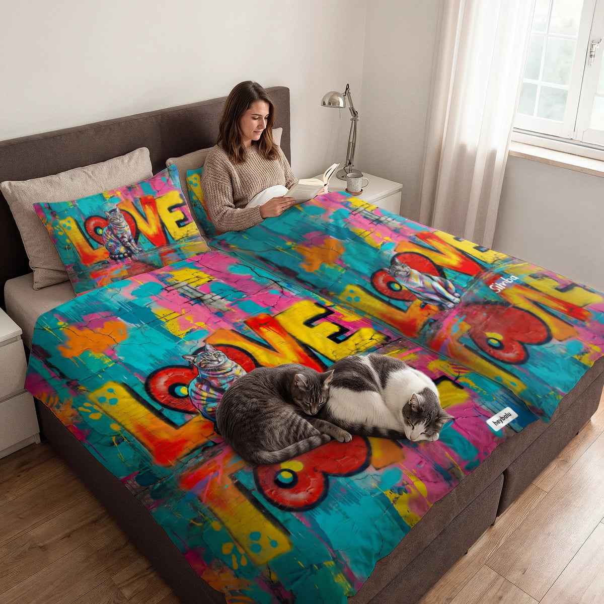 Deux chats couchés sur la parure de lit chat love dans un grand lit market_france