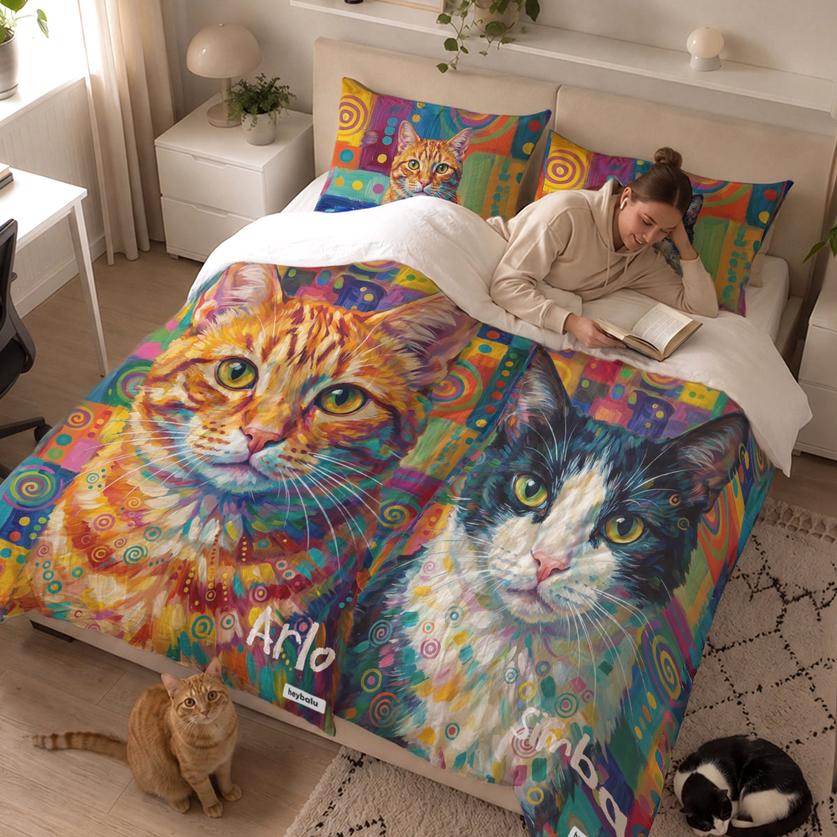 Femme lit au lit sous la parure Graffiti avec deux portraits de chats market_france