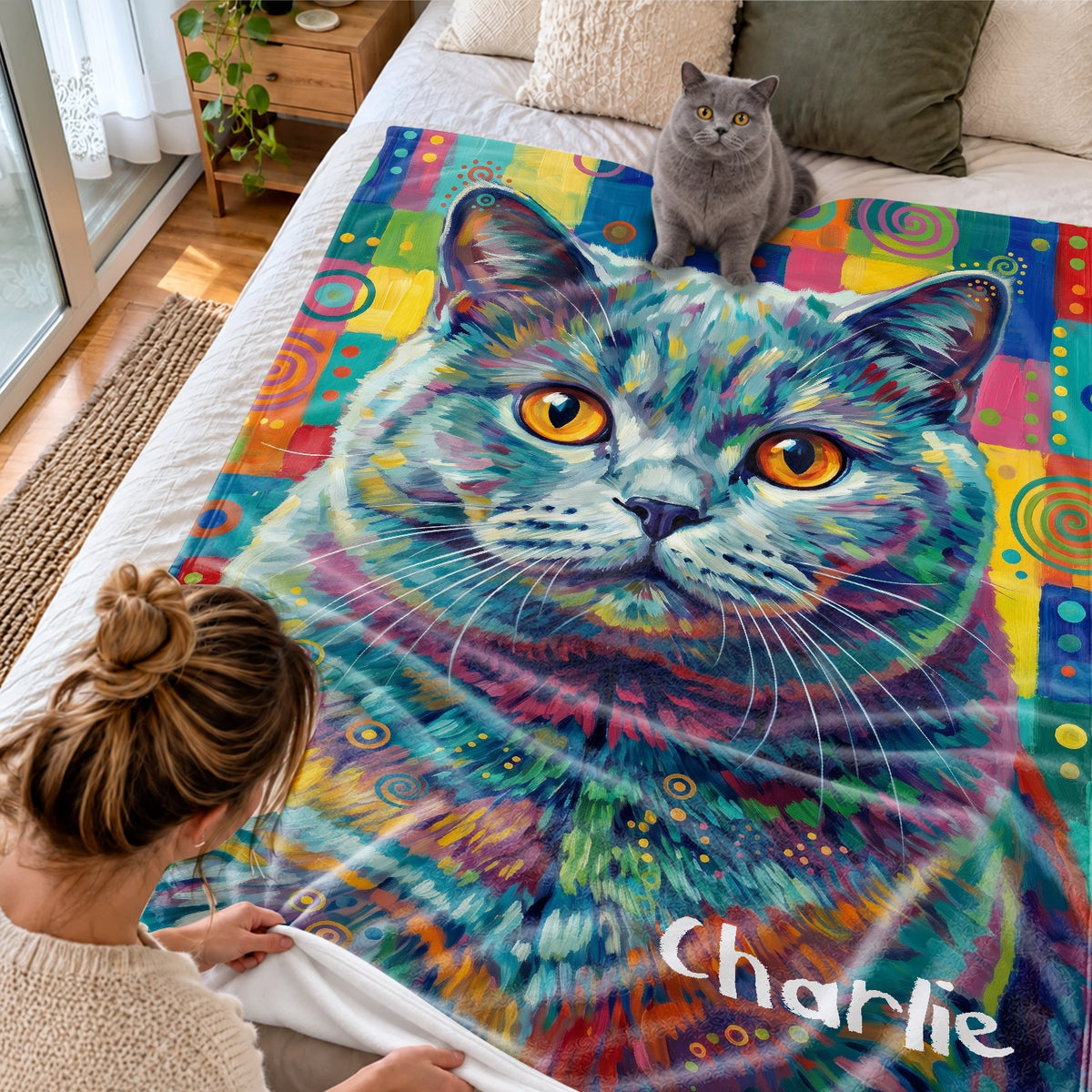 Femme étend le plaid avec portrait de chat gris sur le lit, le chartreux assis à la tête du lit | market_france