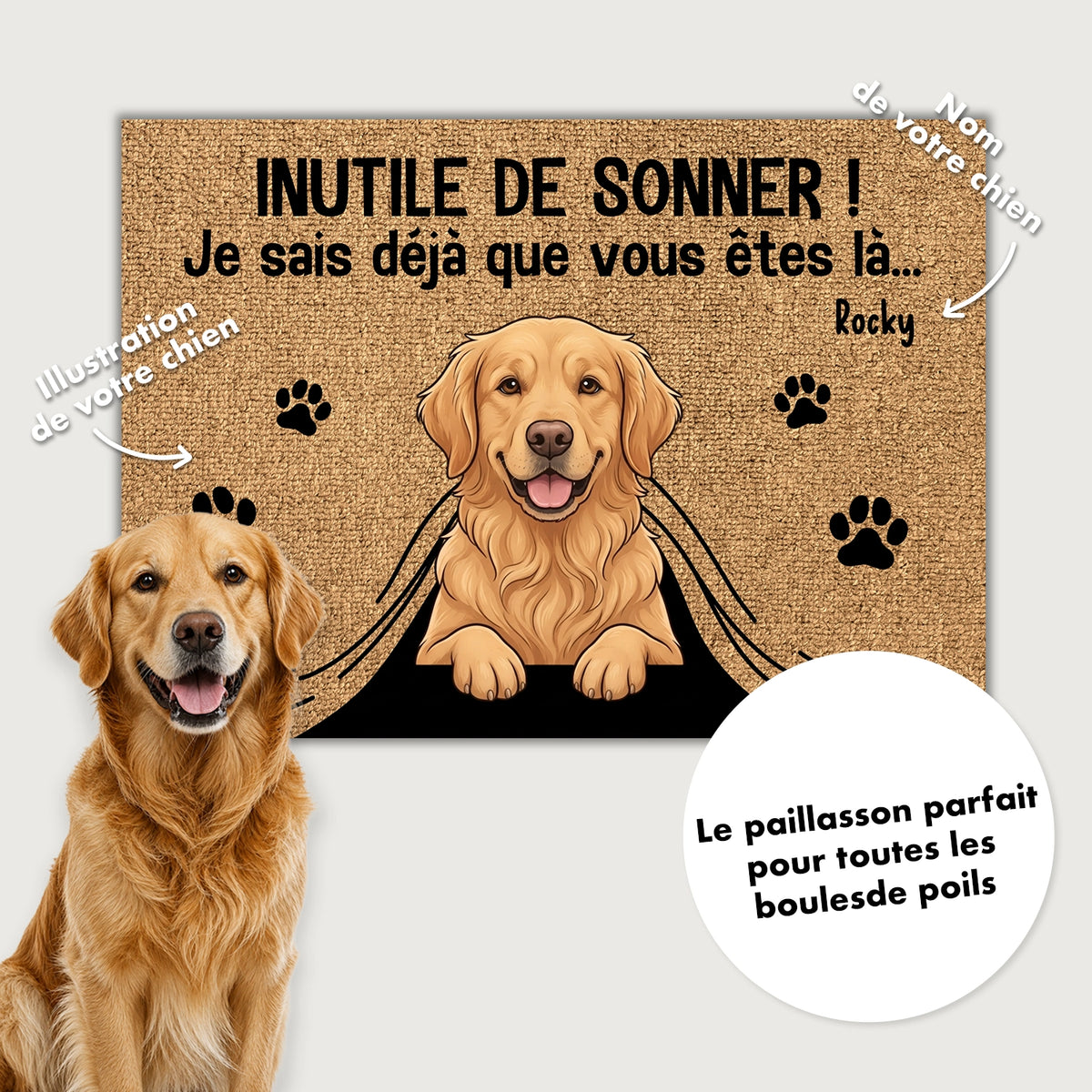 Paillasson Inutile de sonner avec Golden Retriever : illustration et nom du chien market_france