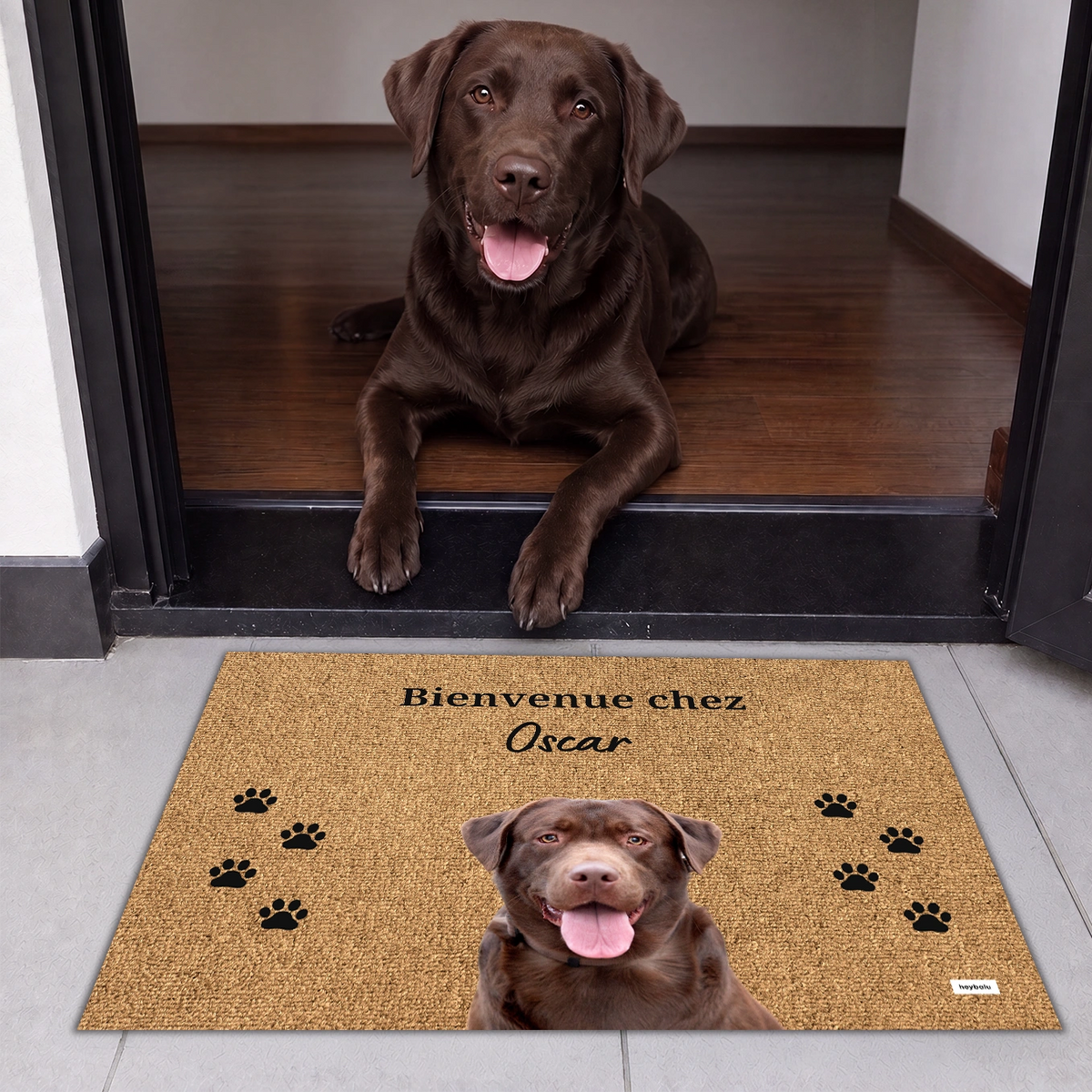 Labrador brun couché dans l'entrée derrière le tapis Bienvenue chez Oscar avec empreintes market_france