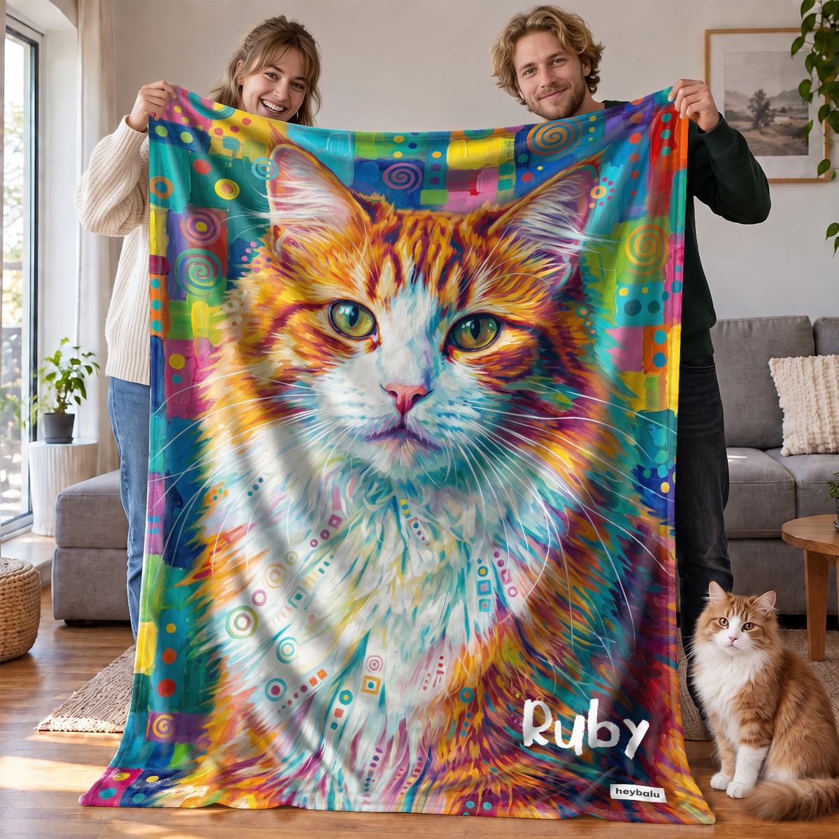 Couple tient le plaid coloré avec chat roux et blanc et prénom, le chat à côté | market_france