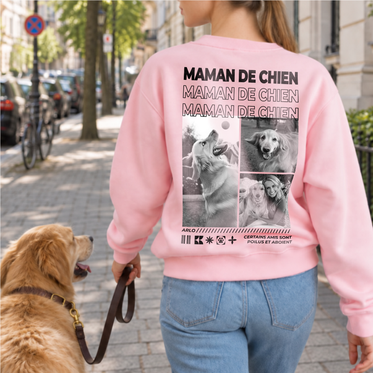 Femme avec un golden retriever en laisse en pull rose Maman de chien avec collage photo market_france