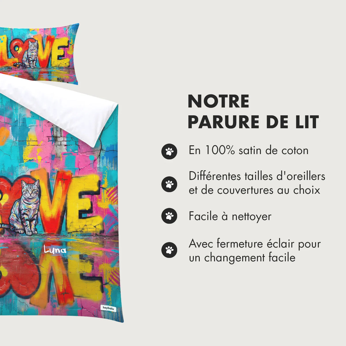 Infographie parure de lit chat love : 100 % satin de coton, tailles au choix market_france