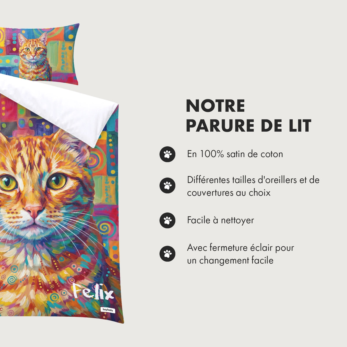 Infographie parure de lit Graffiti Chat : 100 % satin de coton, tailles au choix, fermeture éclair market_france