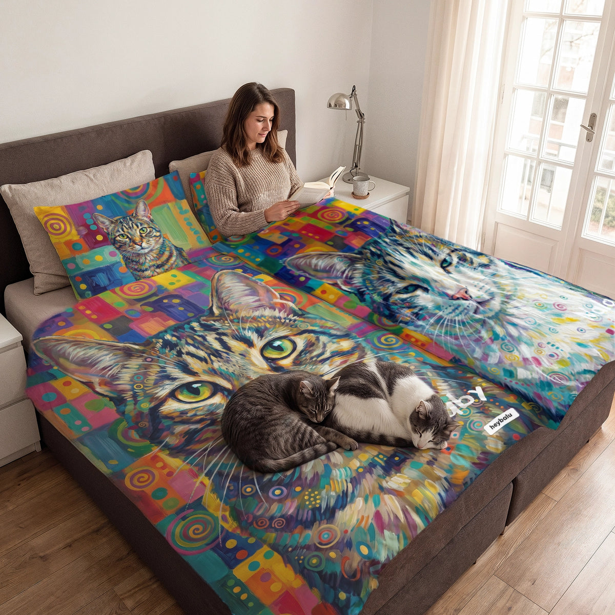 Deux chats dorment sur la parure de lit double avec deux portraits de chats graffiti market_france