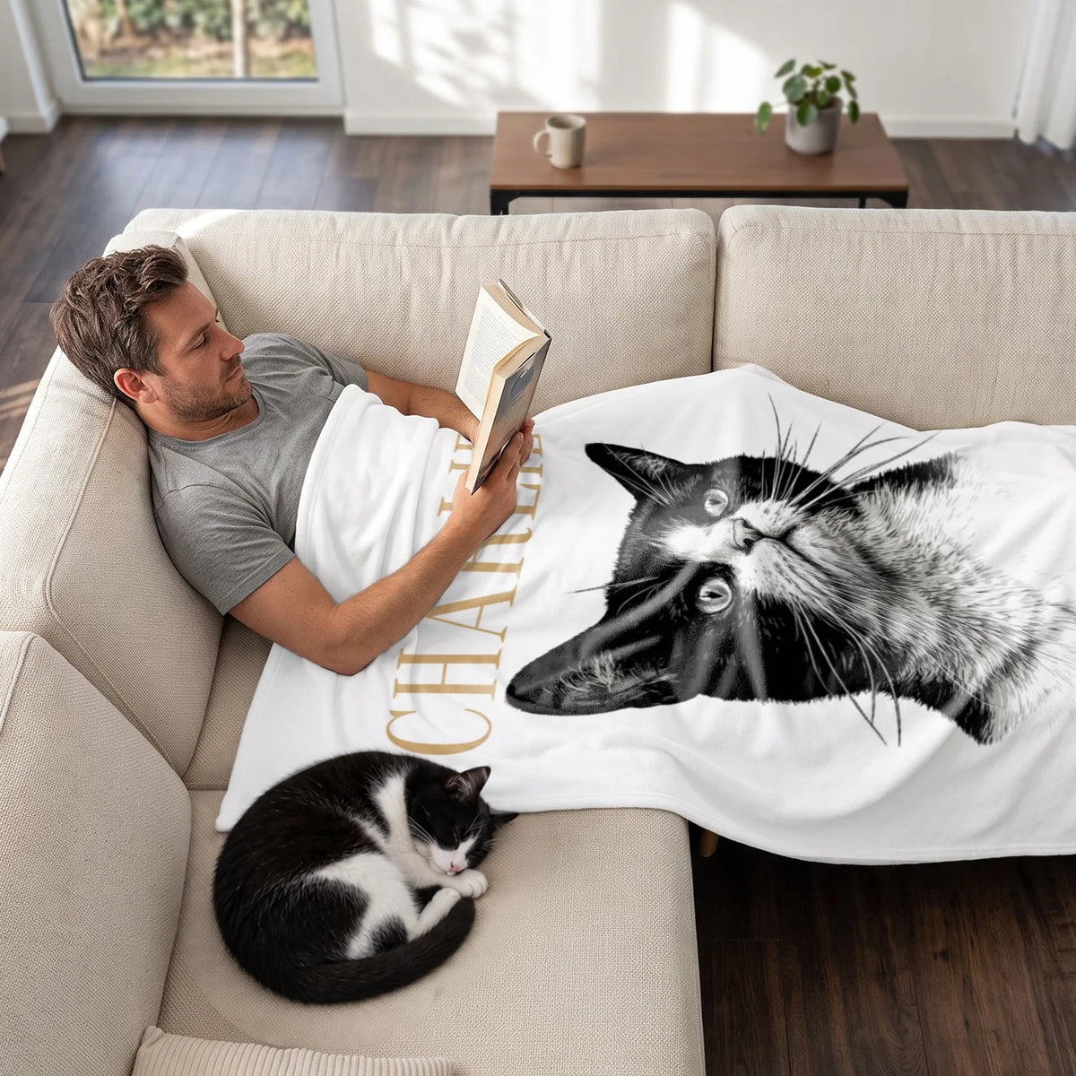 Homme lit sur le canapé sous le plaid Chat rétro, chat endormi à côté market_france