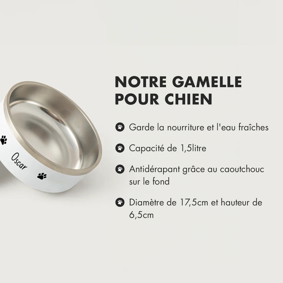 Infographie gamelle pour chien avec prénom : eau fraîche, 1,5 litre, antidérapante, 17,5 cm de diamètre market_france
