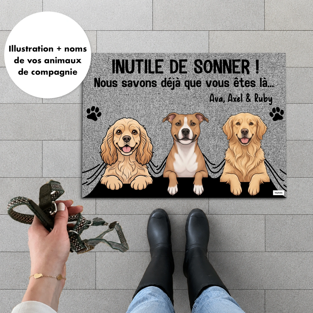 Paillasson gris Inutile de sonner avec trois chiens et leurs prénoms market_france