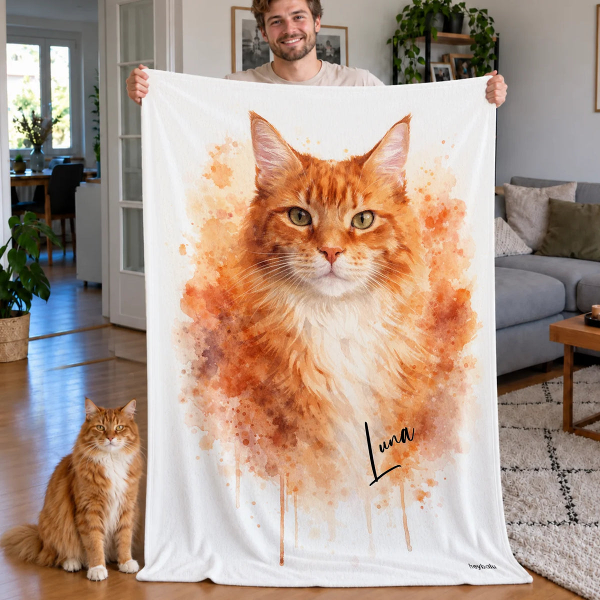 Plaid personnalisé « Chat aquarelle » comme cadeau pour les amoureux des chats : portrait de chat façon aquarelle avec prénom – hey balu market_france