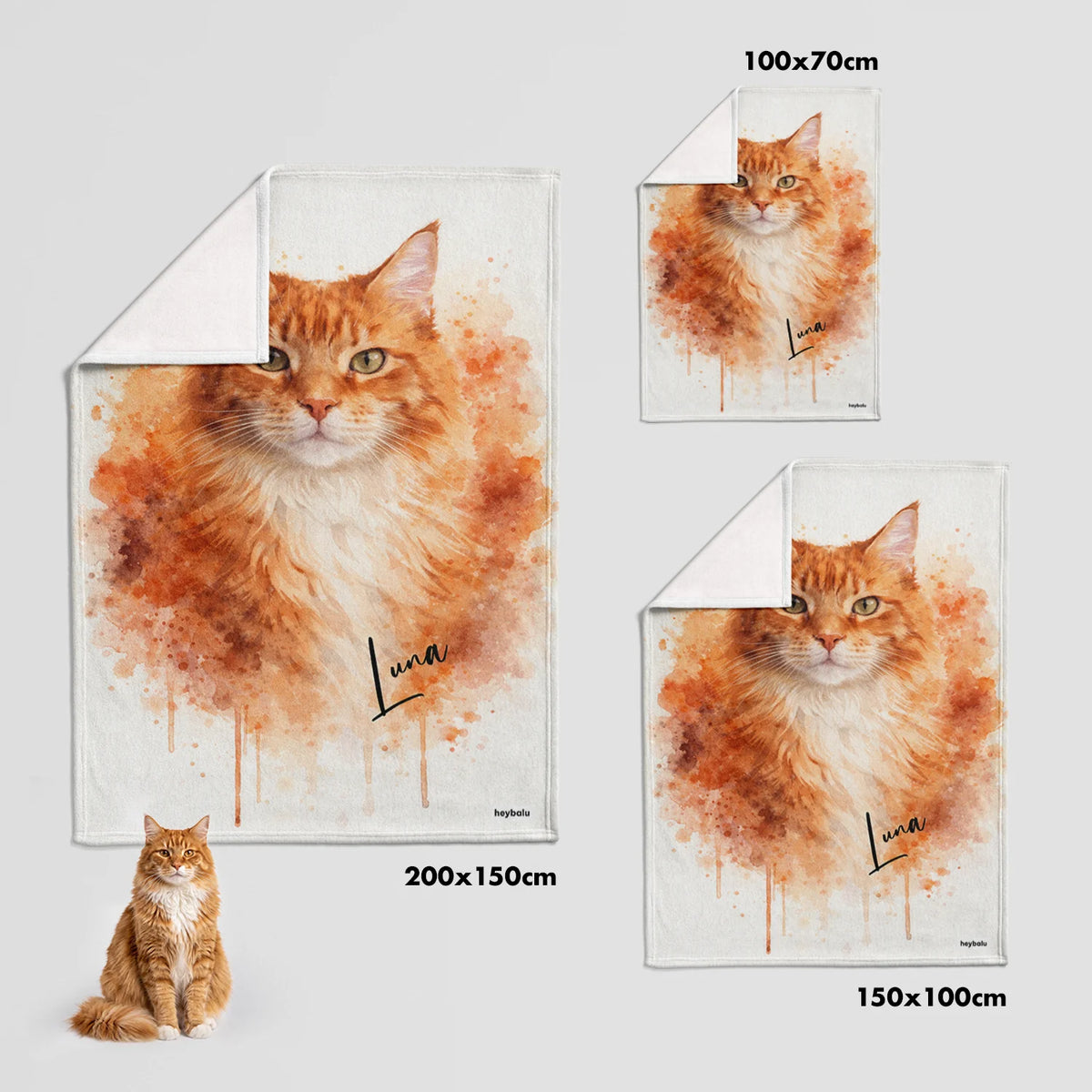 Dimensions du plaid chat aquarelle : 100 x 70, 150 x 100 et 200 x 150 cm market_france