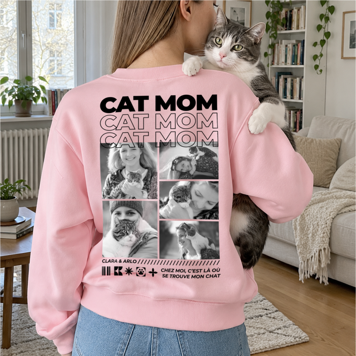 Femme avec un chat sur l'épaule en pull rose Cat Mom avec collage photo market_france