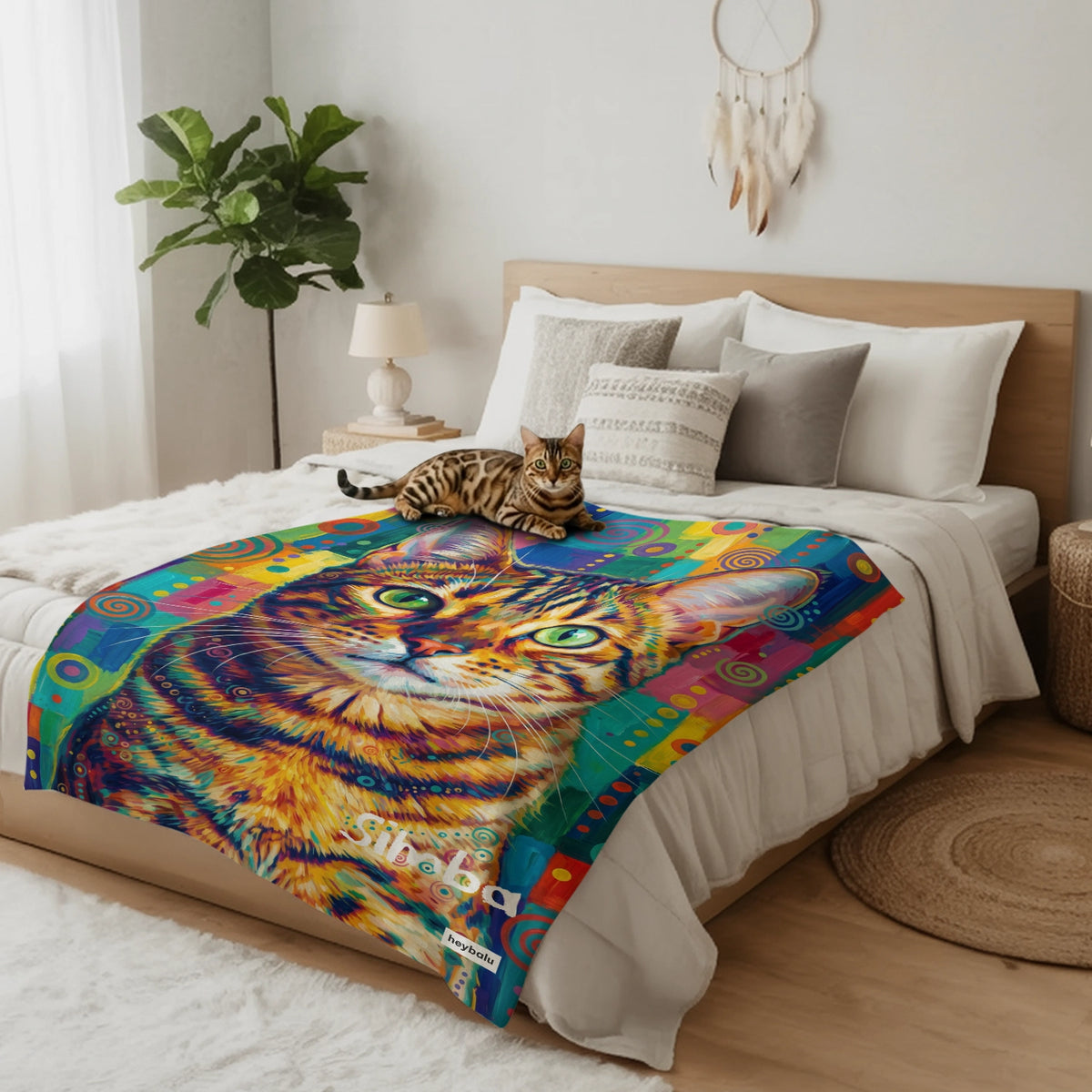 Plaid avec chat bengal style graffiti sur un lit double, le chat couché dessus | market_france
