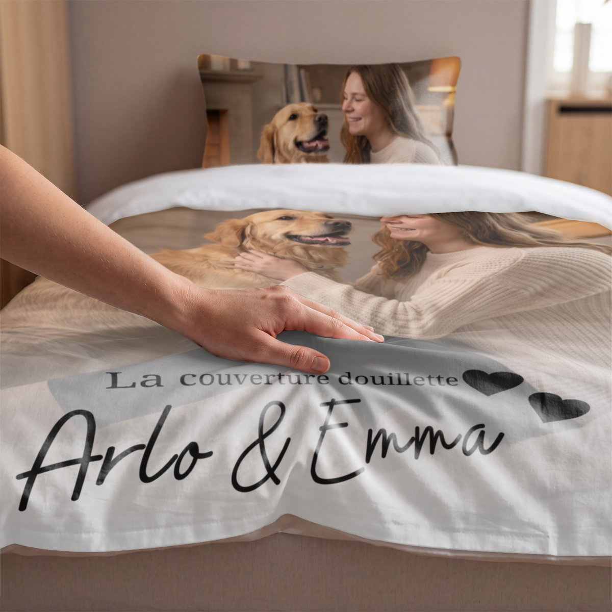 Main sur une parure photo avec golden retriever et texte au choix market_france