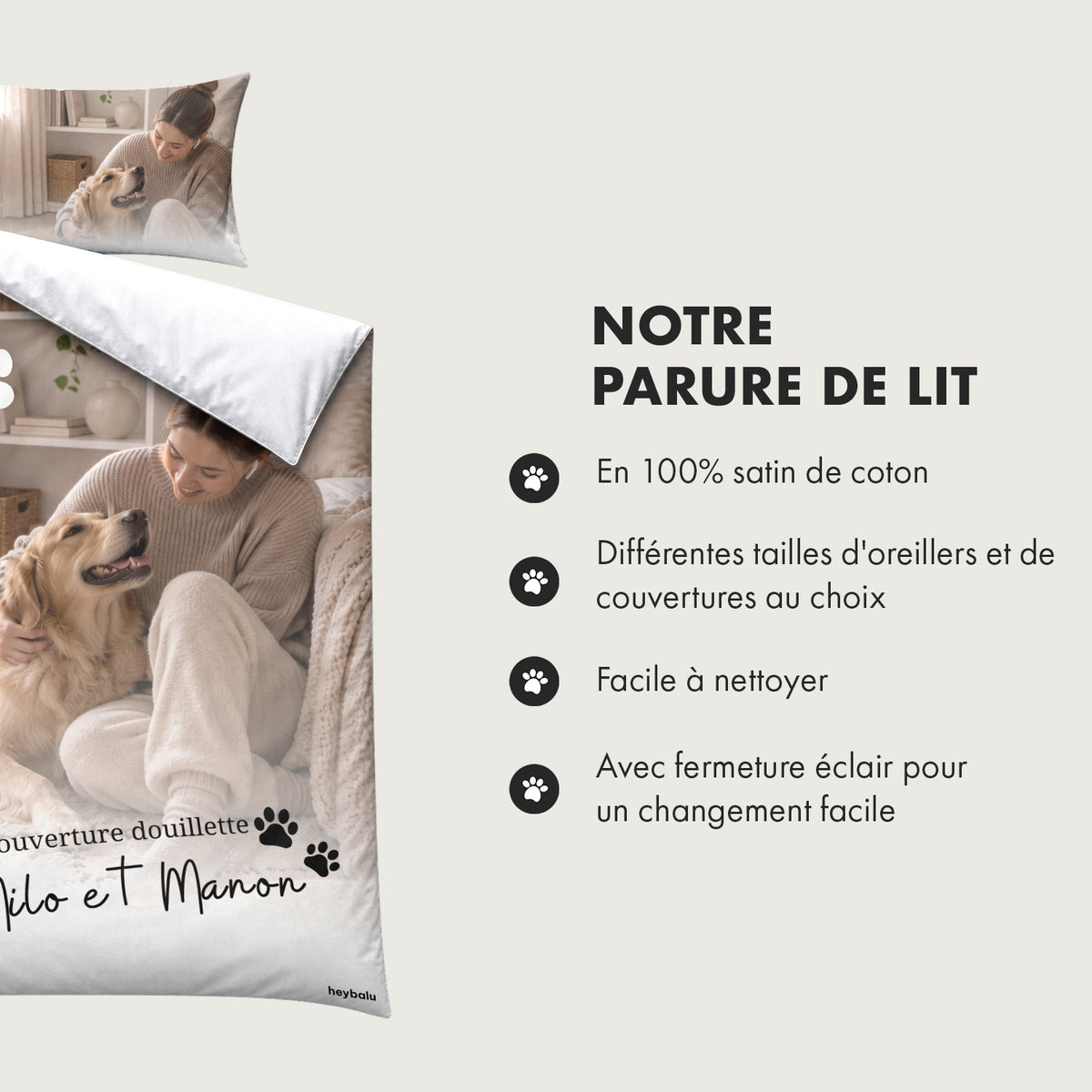 Infographie parure de lit : 100 % satin de coton, tailles au choix, facile à nettoyer, fermeture éclair market_france